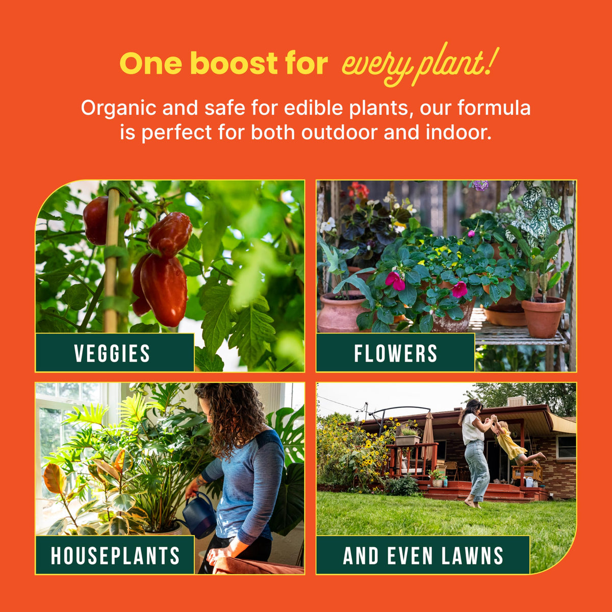 SUNDAY Soil Booster spray-ready bottle shows simple hose-end usage for up to 200 sq ft.