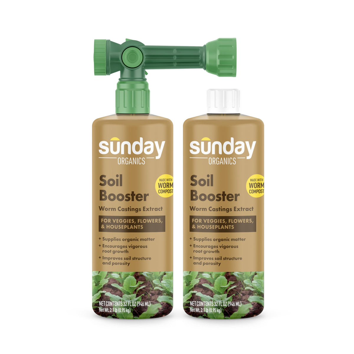 SUNDAY Soil Booster Worm Tea bottle for healthier soil and vigorous plant growth.