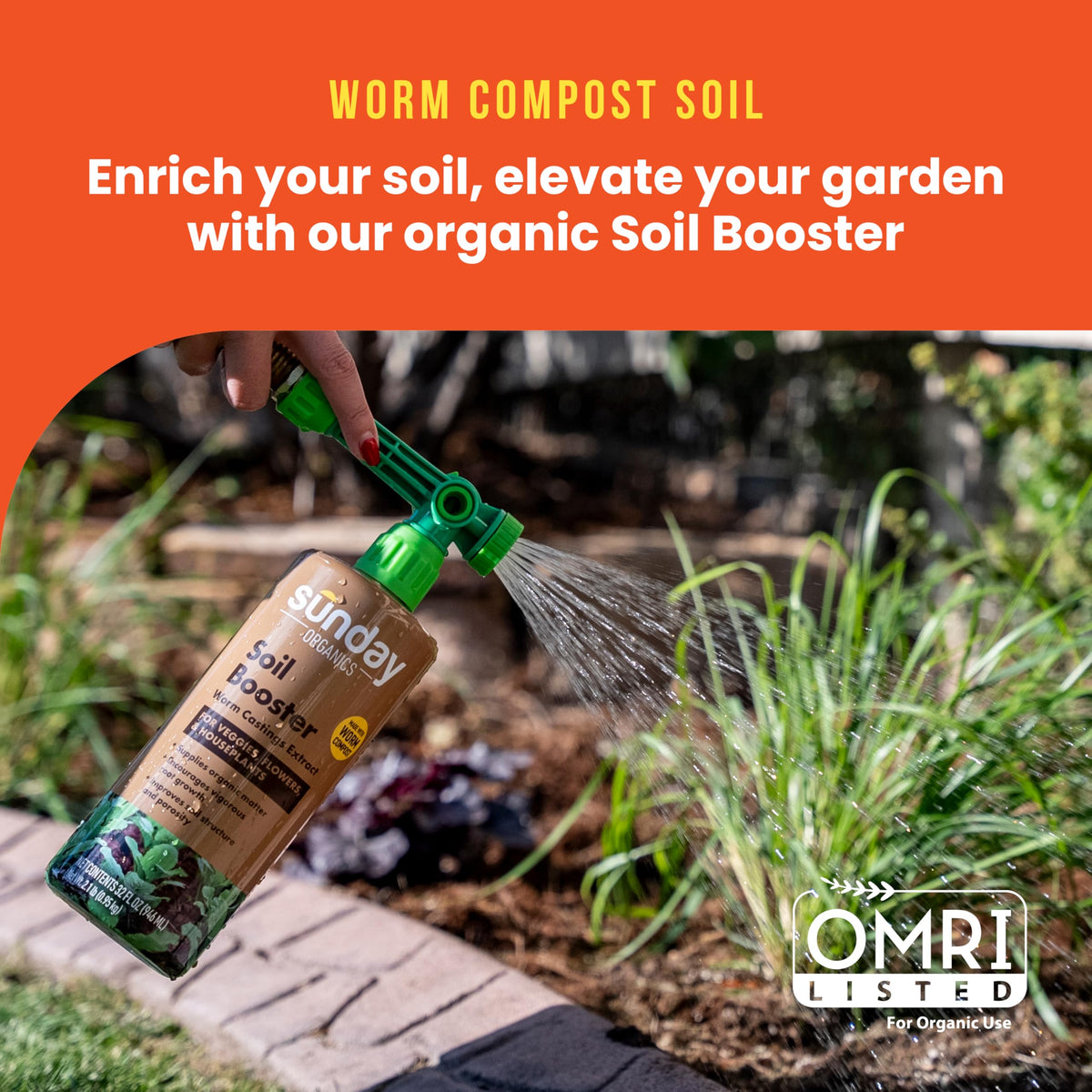 SUNDAY Worm Casting Tea bottle pour enables quick, even garden application.