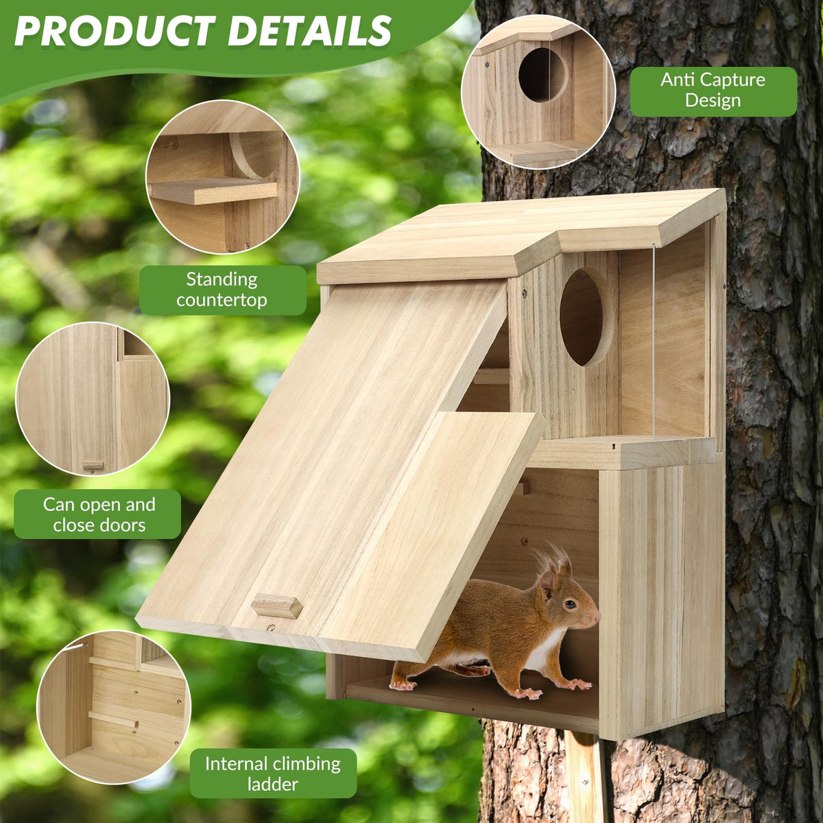 Sundia large squirrel house roof detail demonstrates rain protection and weather resistance.