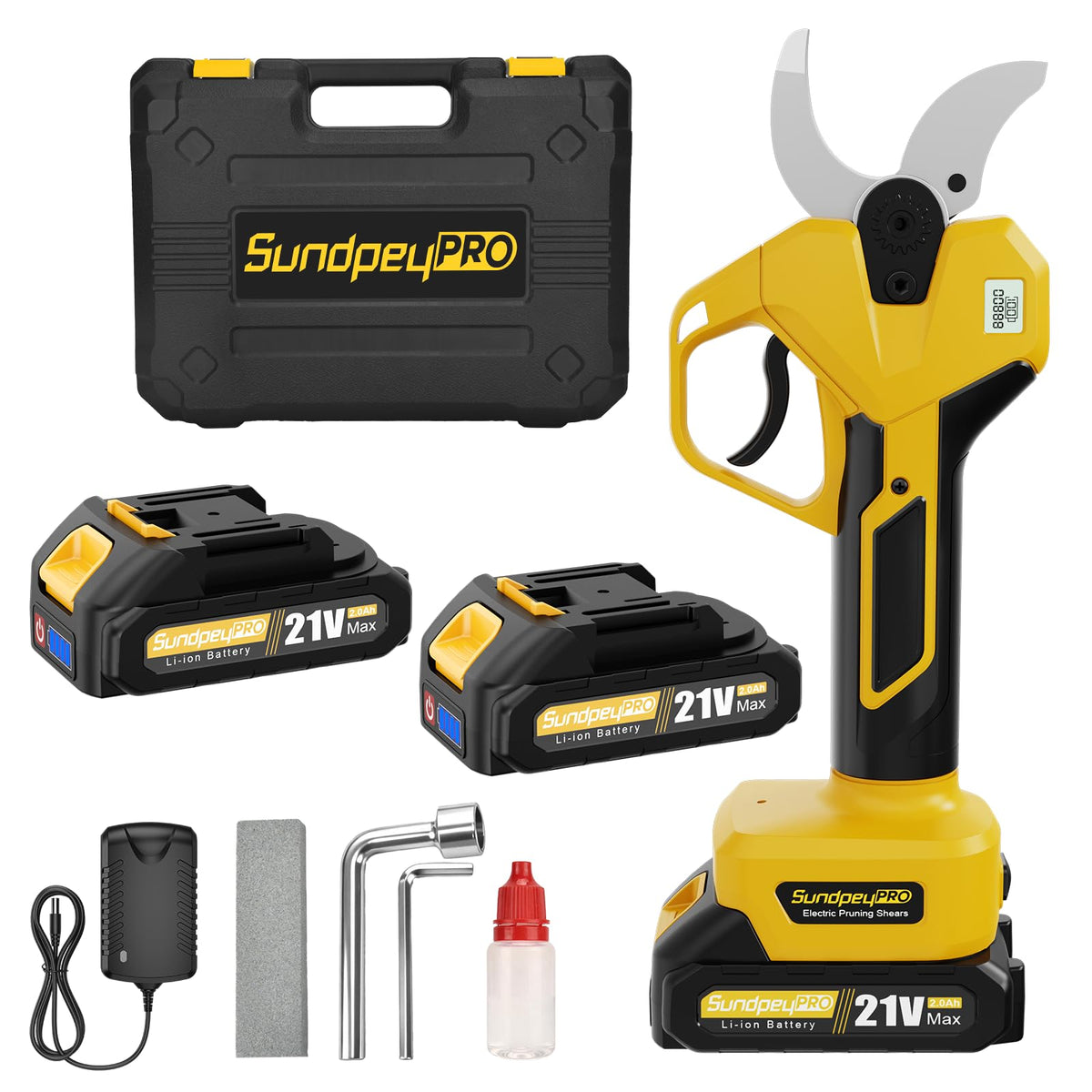 SundpeyPRO cordless pruning shears in use for clean branch cuts.
