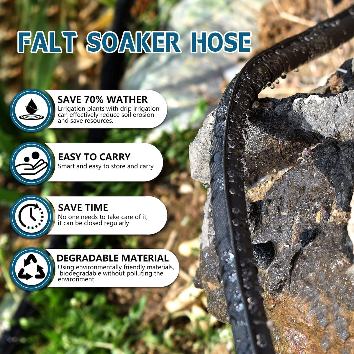 Suneed flat soaker hose watering a garden bed with even flow.