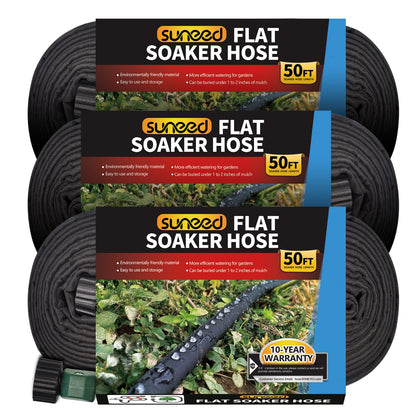 Suneed flat soaker hose 50ft laid in a garden bed for even root watering.
