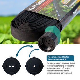 Suneed flat soaker hose connected to a faucet for efficient irrigation.