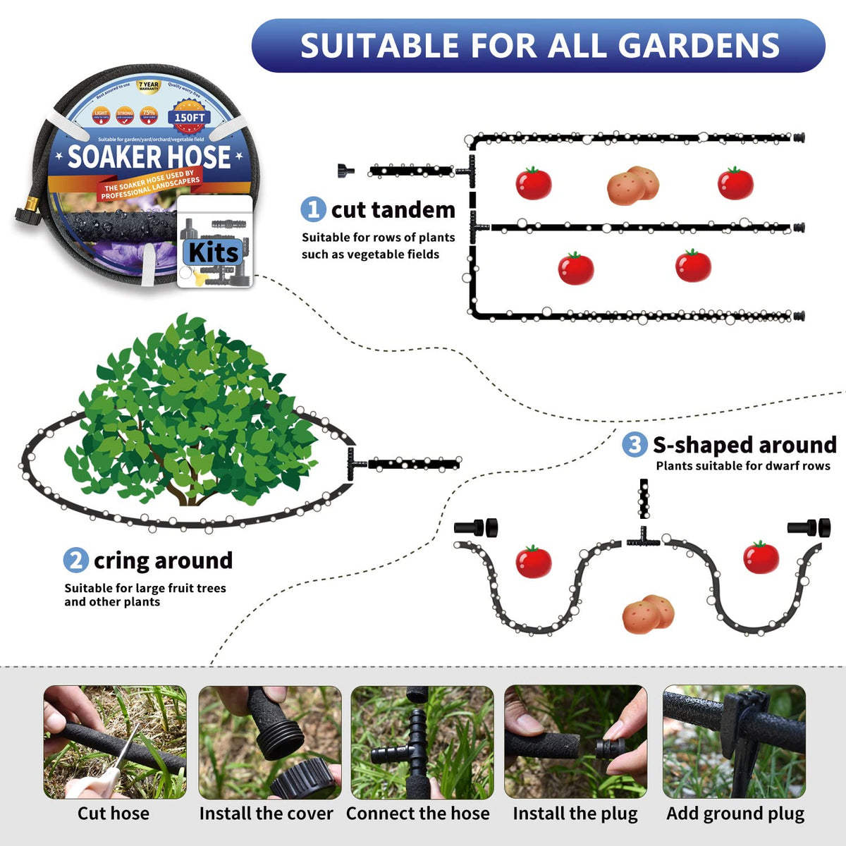 Suneed water-saving drip hose in use reduces runoff and waste.