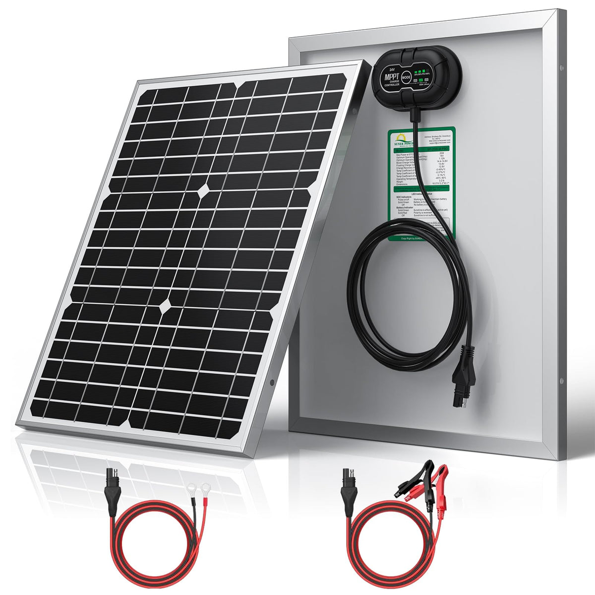 SUNER POWER 24V 20W solar panel for reliable trickle charging.