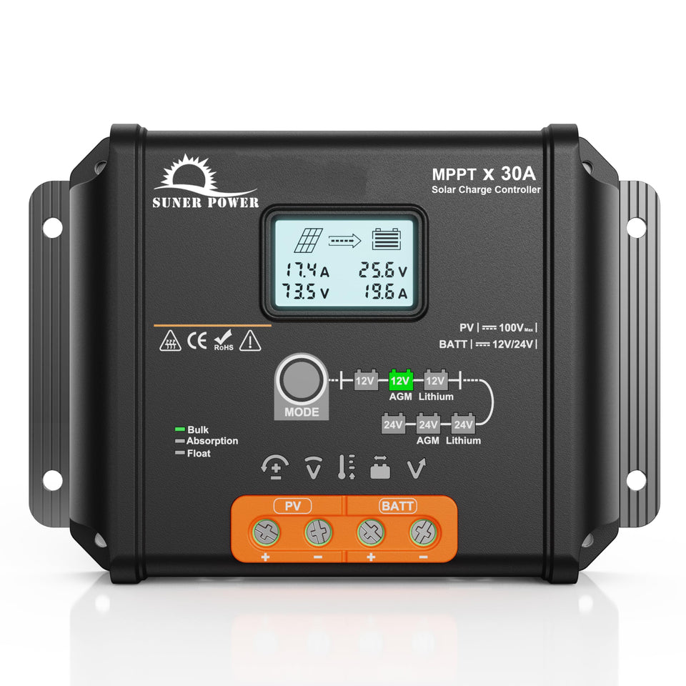 SUNER POWER 30A MPPT controller front view showing compact enclosure for easy mounting