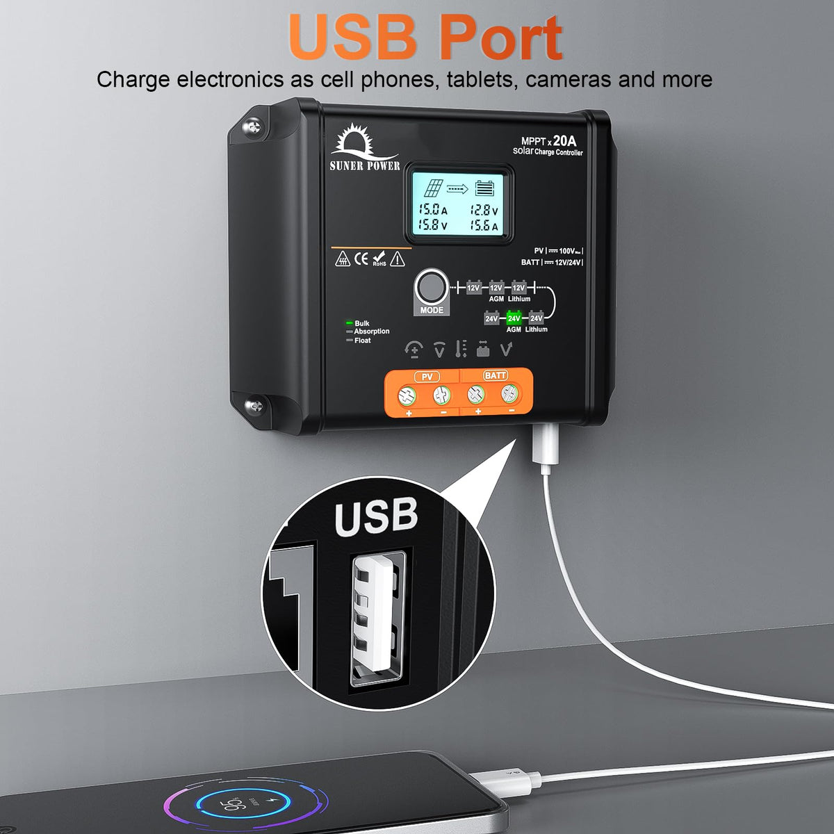 SUNER POWER LED display provides at-a-glance charging data