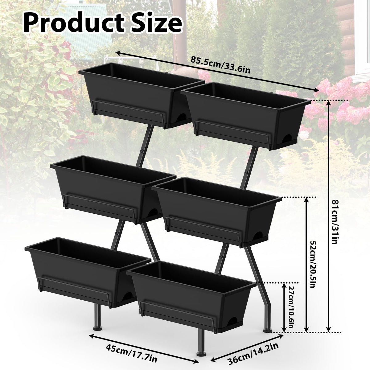Sunexinlo 3-tier planter box detail, six boxes with drainage.