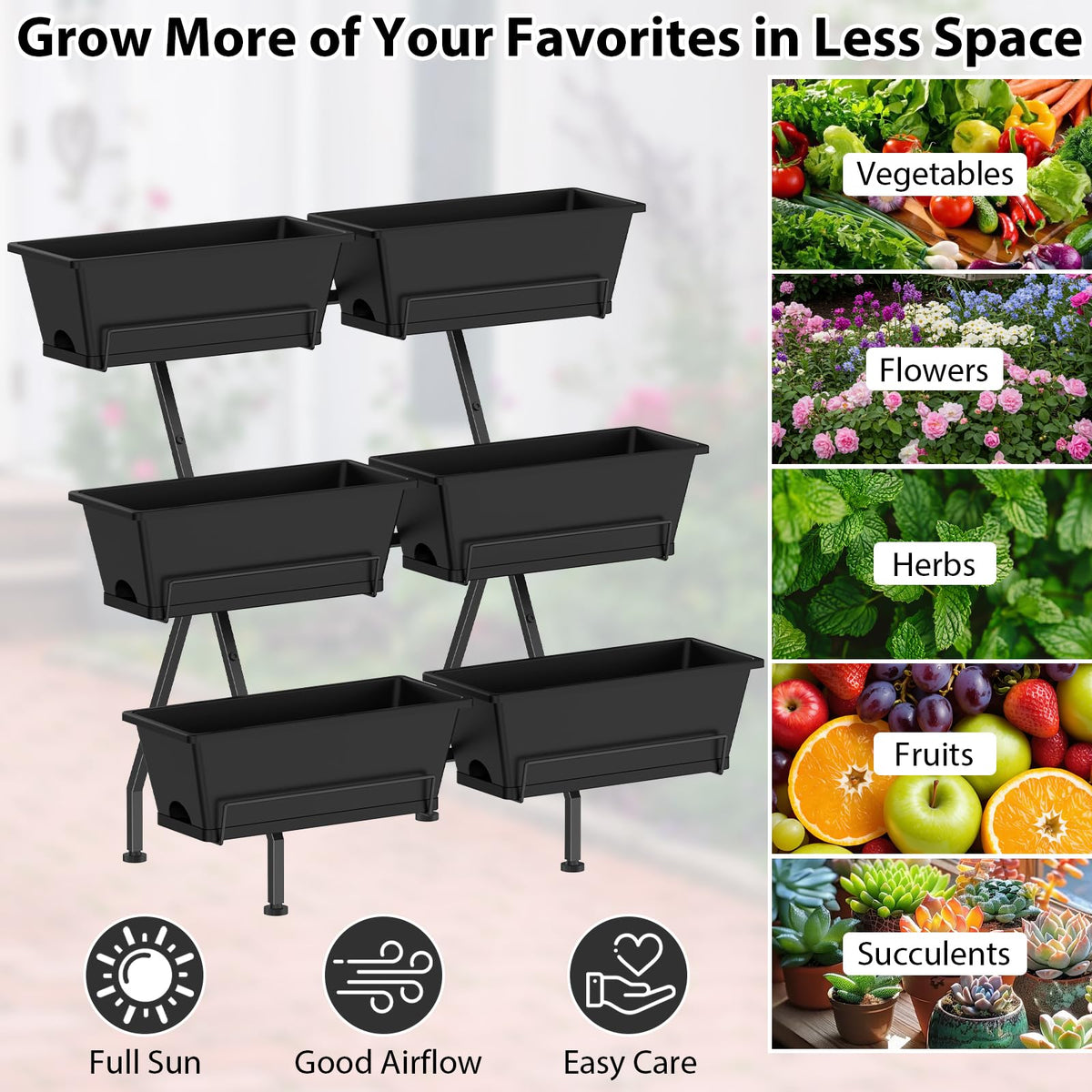 Sunexinlo 3-tier planter on patio, elevates herb and flower display.