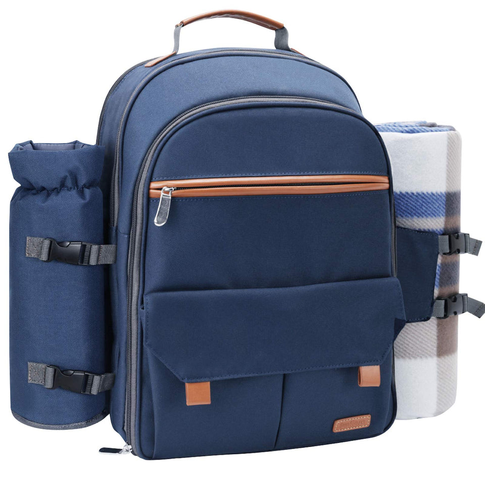 Sunflora picnic backpack 4-person navy blue with organized compartments for family outings.