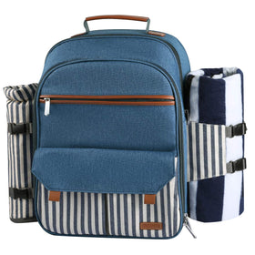 Sunflora picnic backpack front view with blue stripe, ideal for family outings.