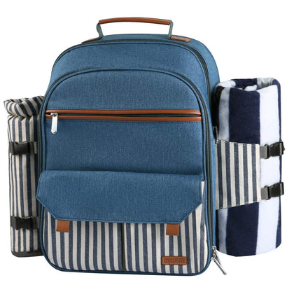 Sunflora picnic backpack front view with blue stripe, ideal for family outings.