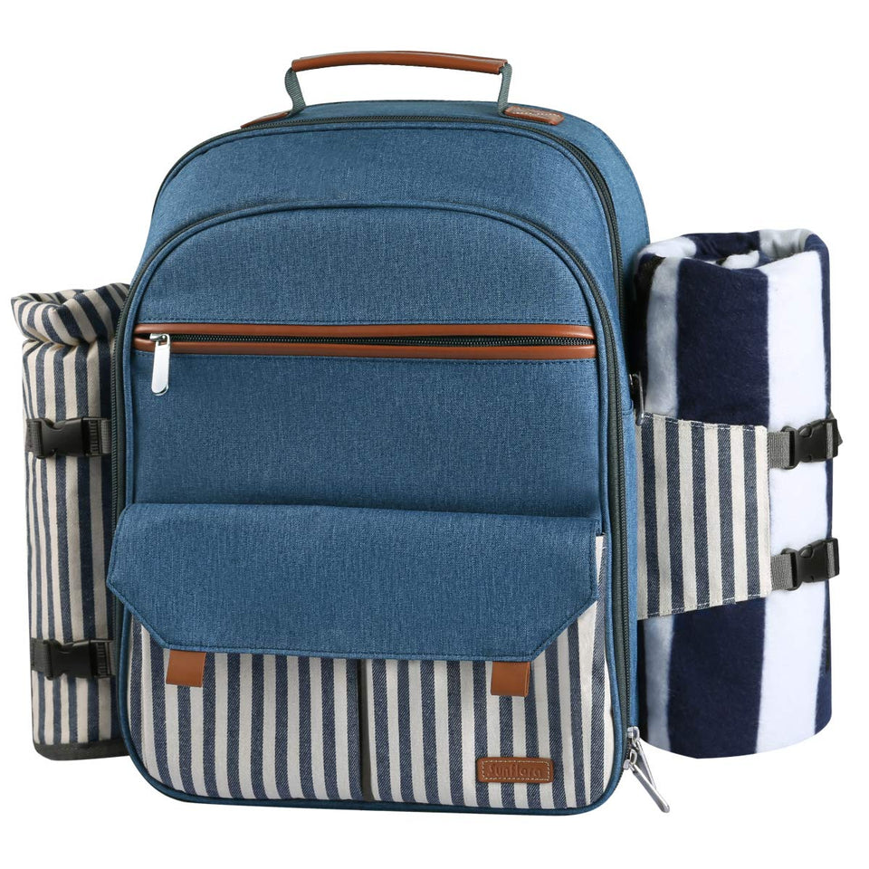 Sunflora picnic backpack front view with blue stripe, ideal for family outings.