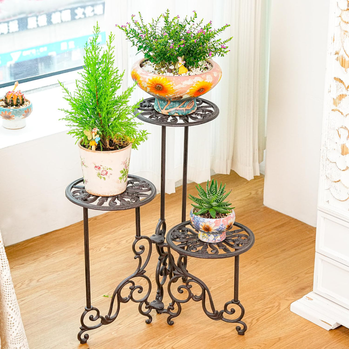 Sungmor 3-tier foldable plant shelf side view demonstrates space-saving vertical display