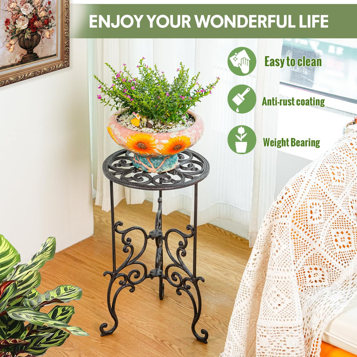 Sungmor durable cast-iron plant base keeps pots secure on any surface.