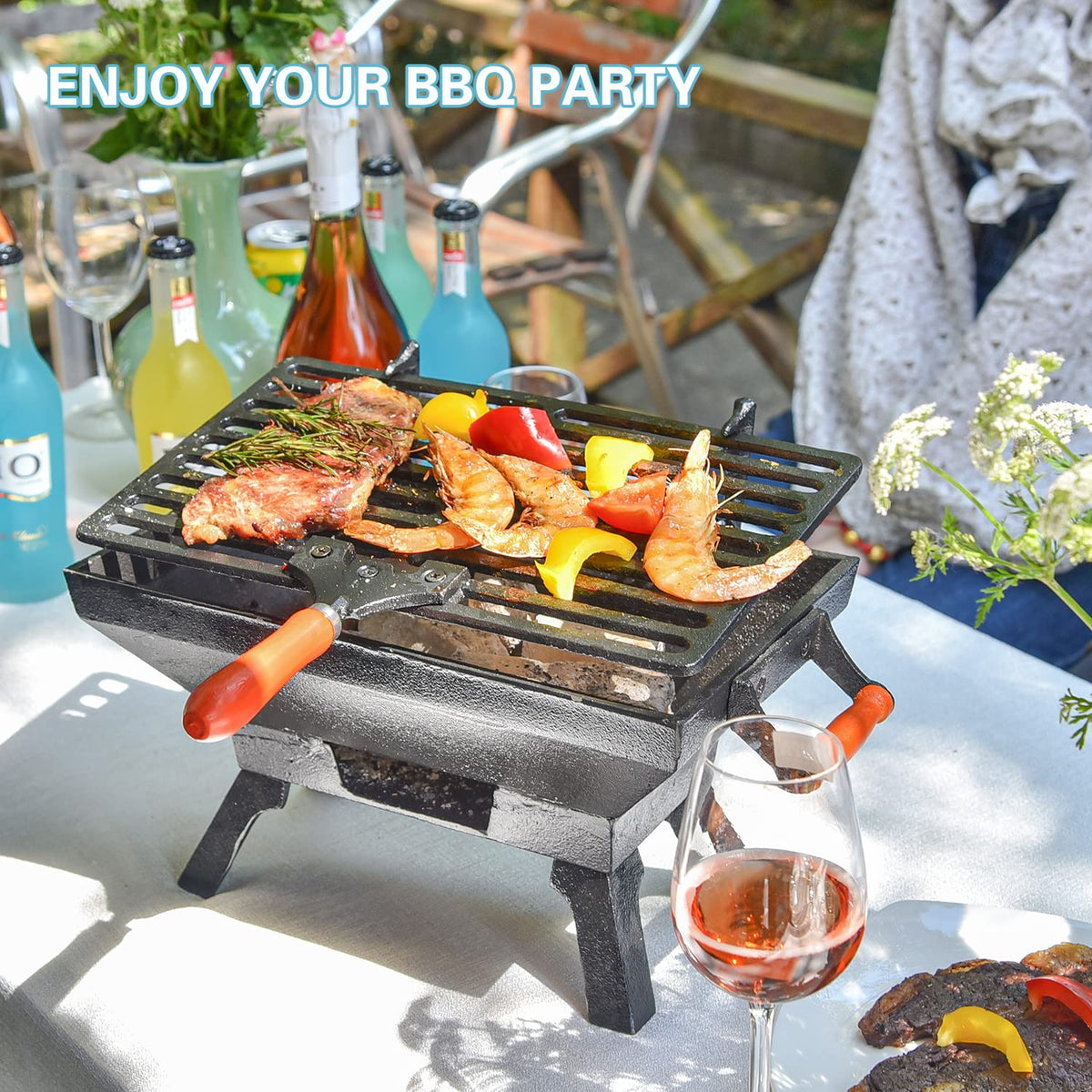 Sungmor easy-assembly grill setup, ready for burgers, steaks, and kabobs.
