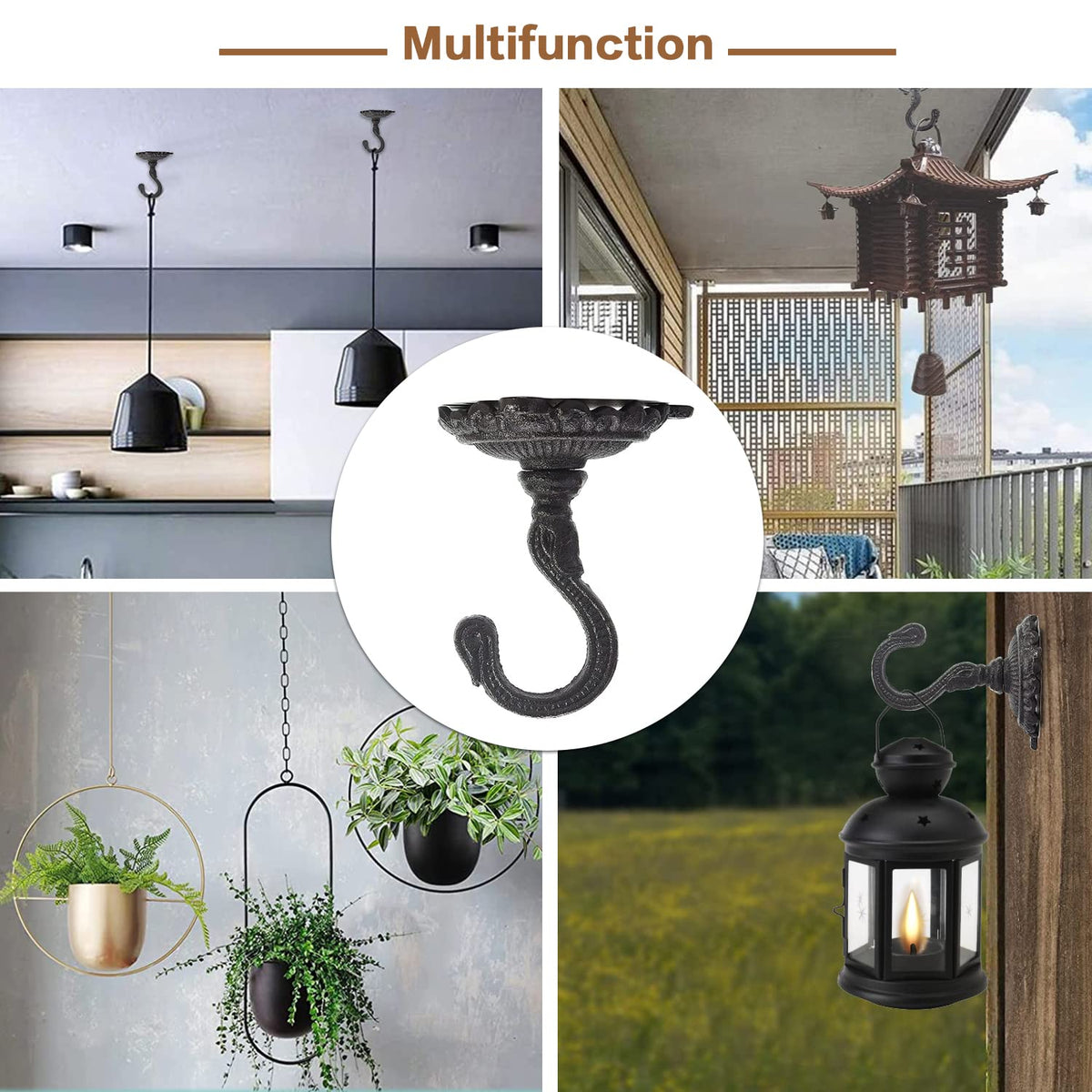 Sungmor hook holding a lantern or wind chime for stylish yard decor.