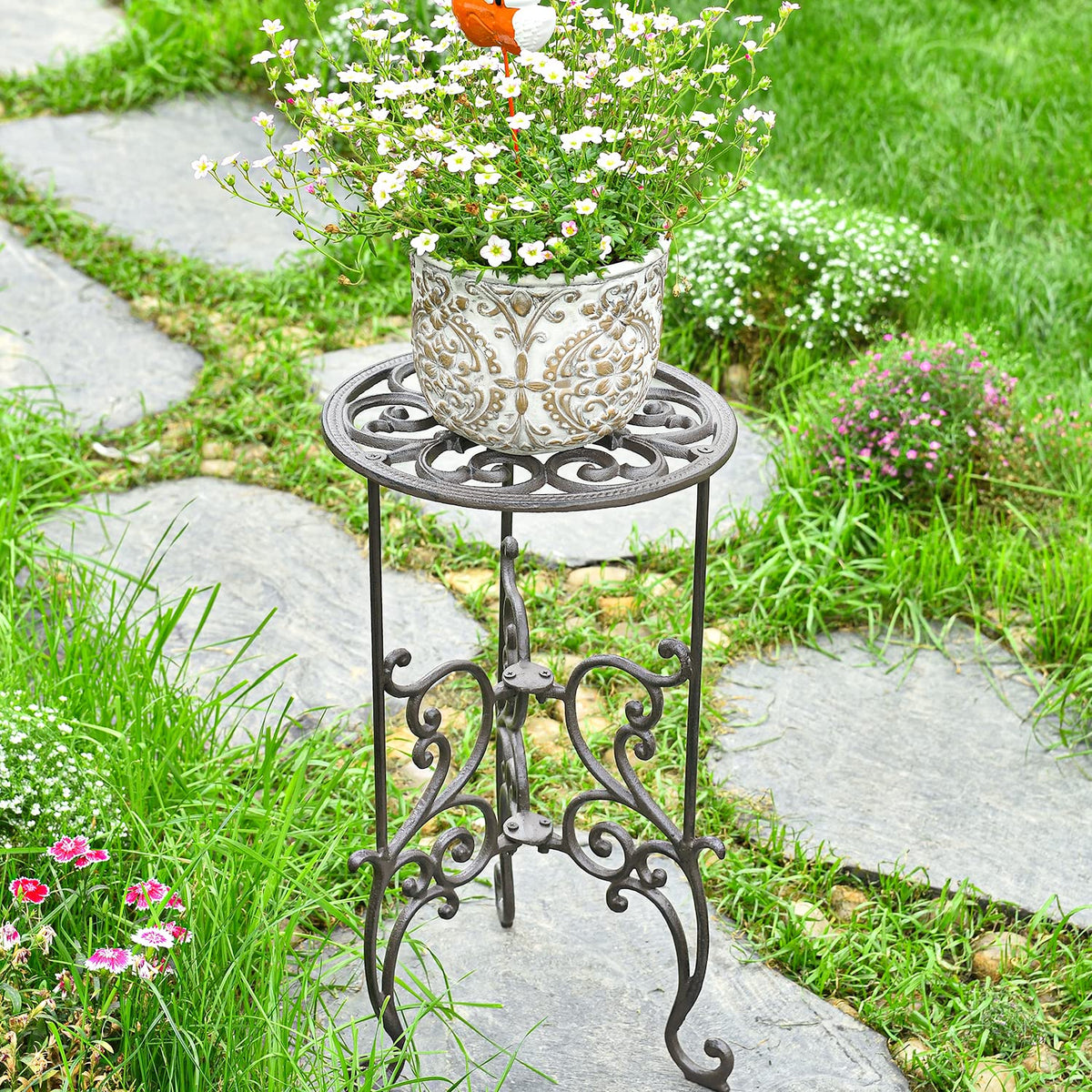 Sungmor sturdy cast iron potted plant holder keeps heavy pots secure.
