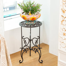 Sungmor vintage rustic metal planter rack adding outdoor garden charm.