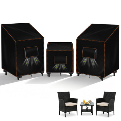 SUNICO 3-piece patio bistro cover set protecting chairs and table from rain.