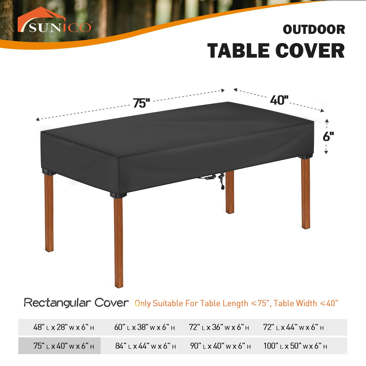 SUNICO rectangular table cover UV protection guards furniture from sun damage.