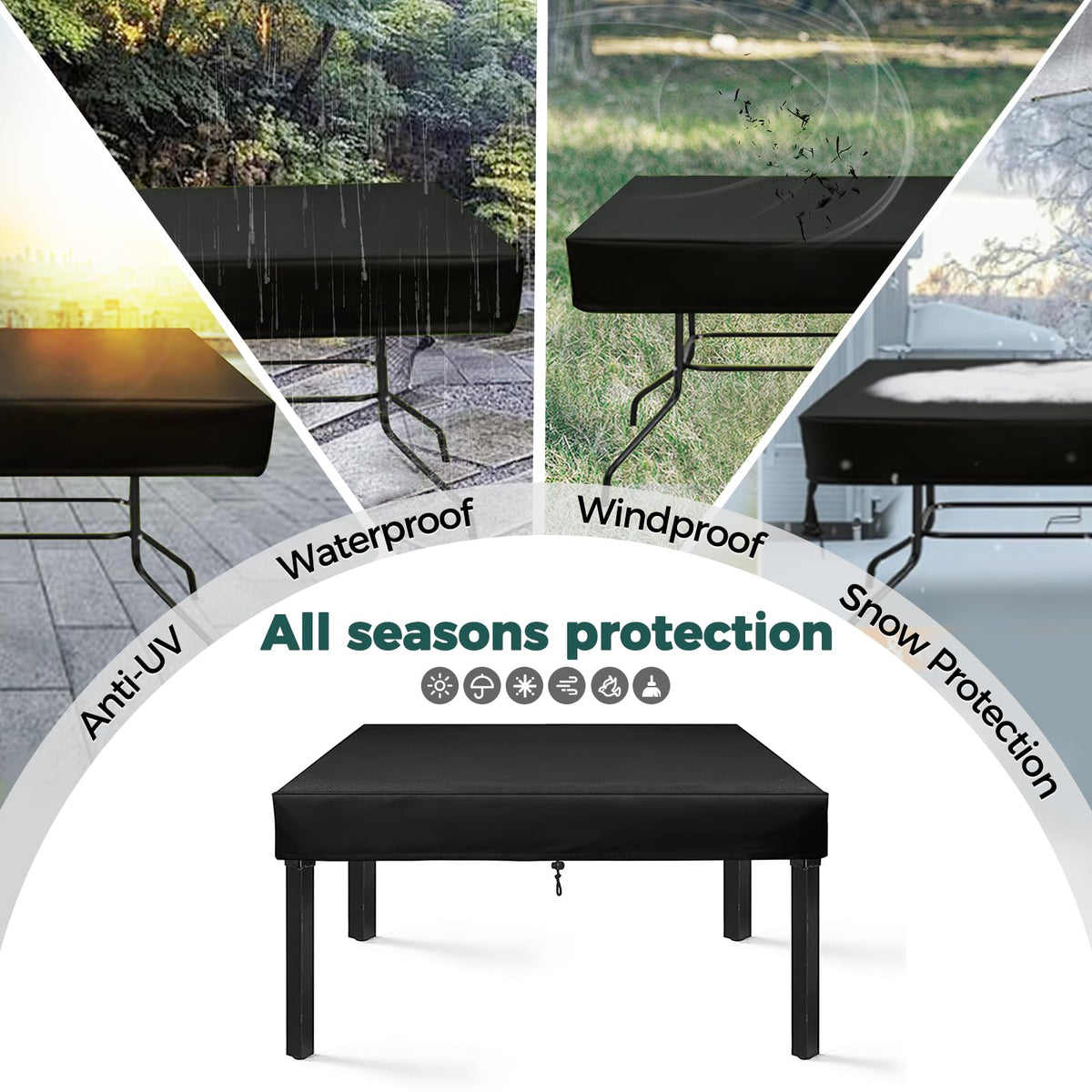SUNICO weather-ready patio table cover suitable for rain or shine