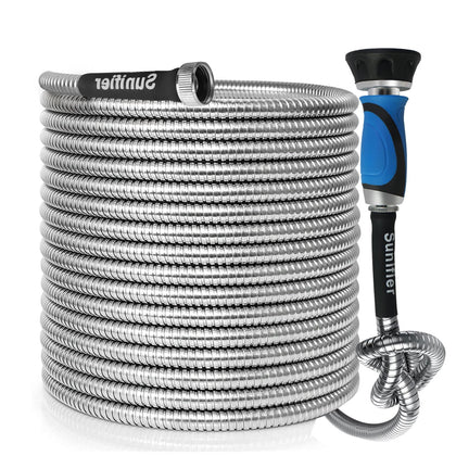 Sunifier metal garden hose 30ft flexible outer design for easy watering.