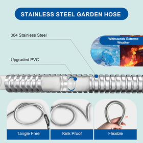 Sunifier metal garden hose 30ft no-kink design prevents tangling.