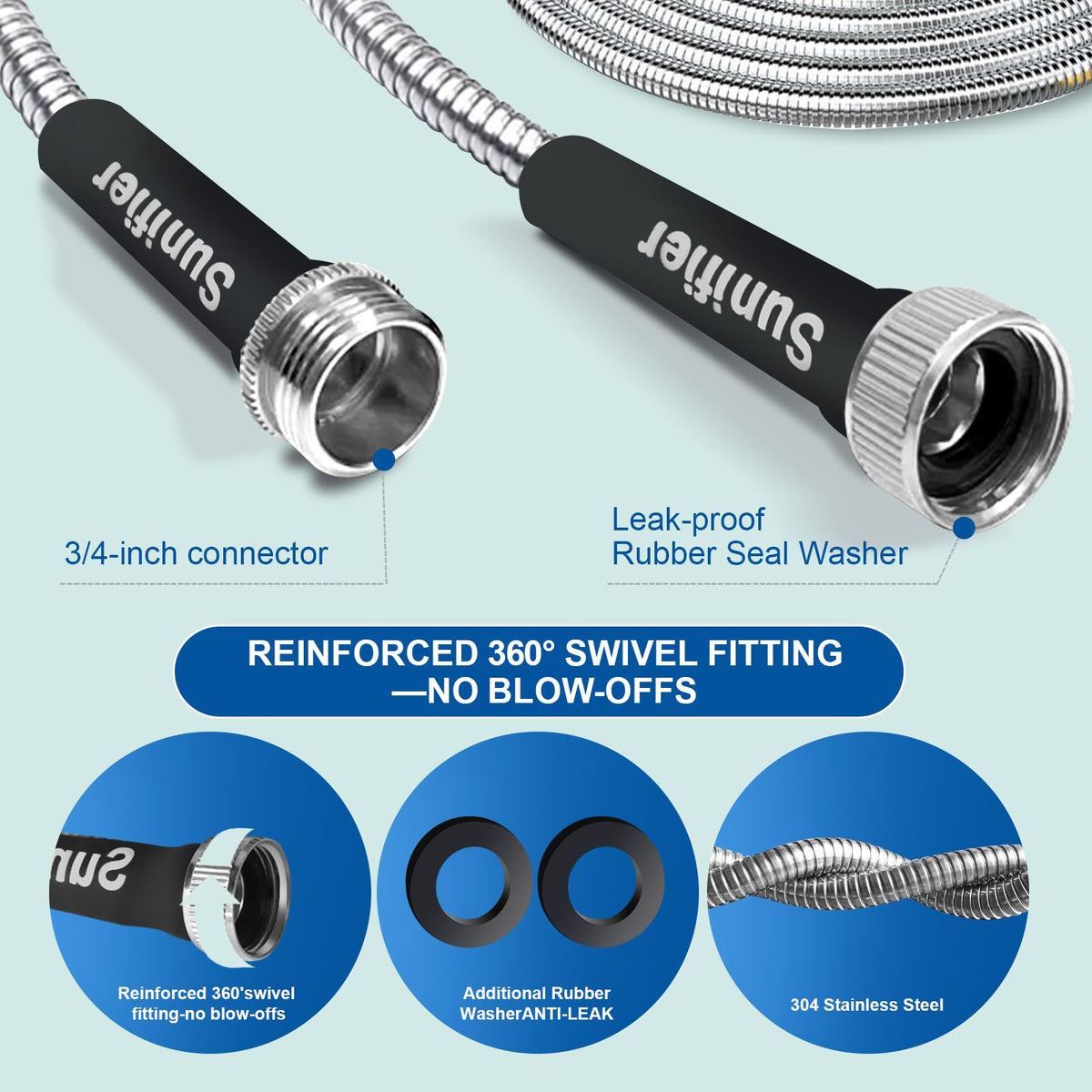 Sunifier stainless-steel hose offers anti-corrosion durability for outdoor use.