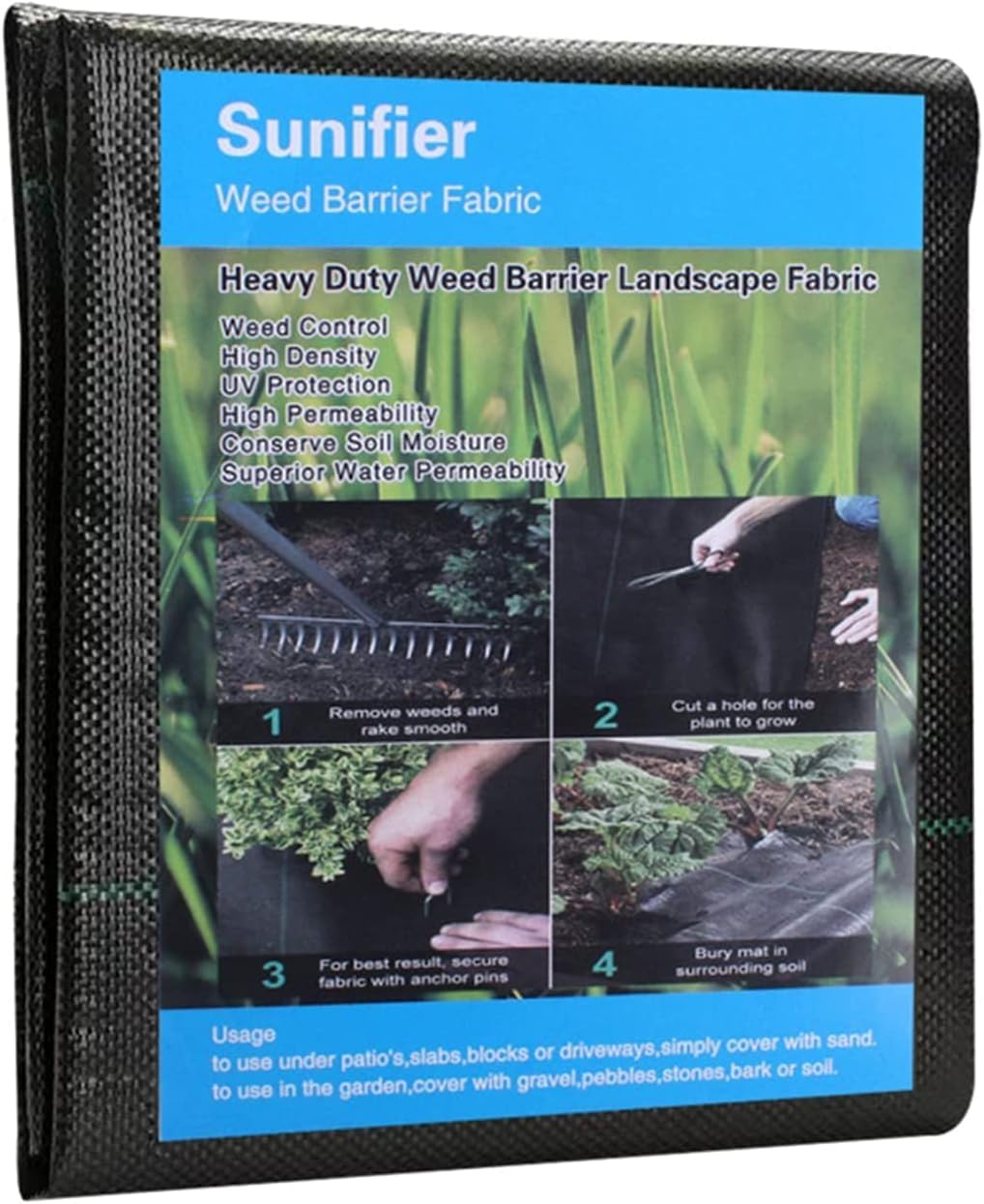 Sunifier weed barrier landscape fabric, heavy-duty for garden weed control and clean edges