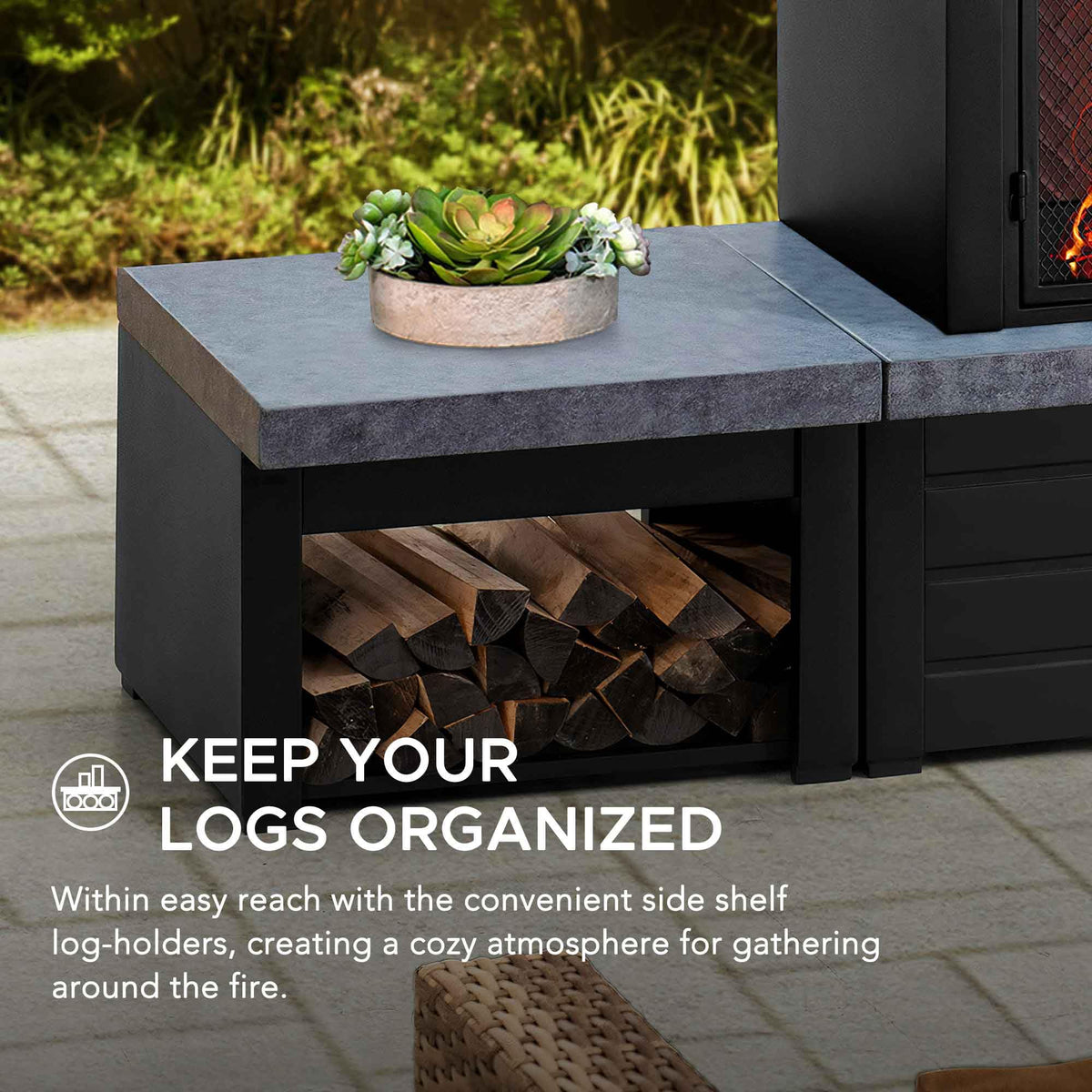Sunjoy under storage area neatly stores logs for cozy fires