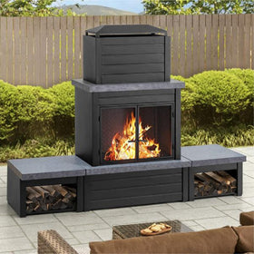 Sunjoy wood burning fireplace exterior in matte black for durable outdoor warmth