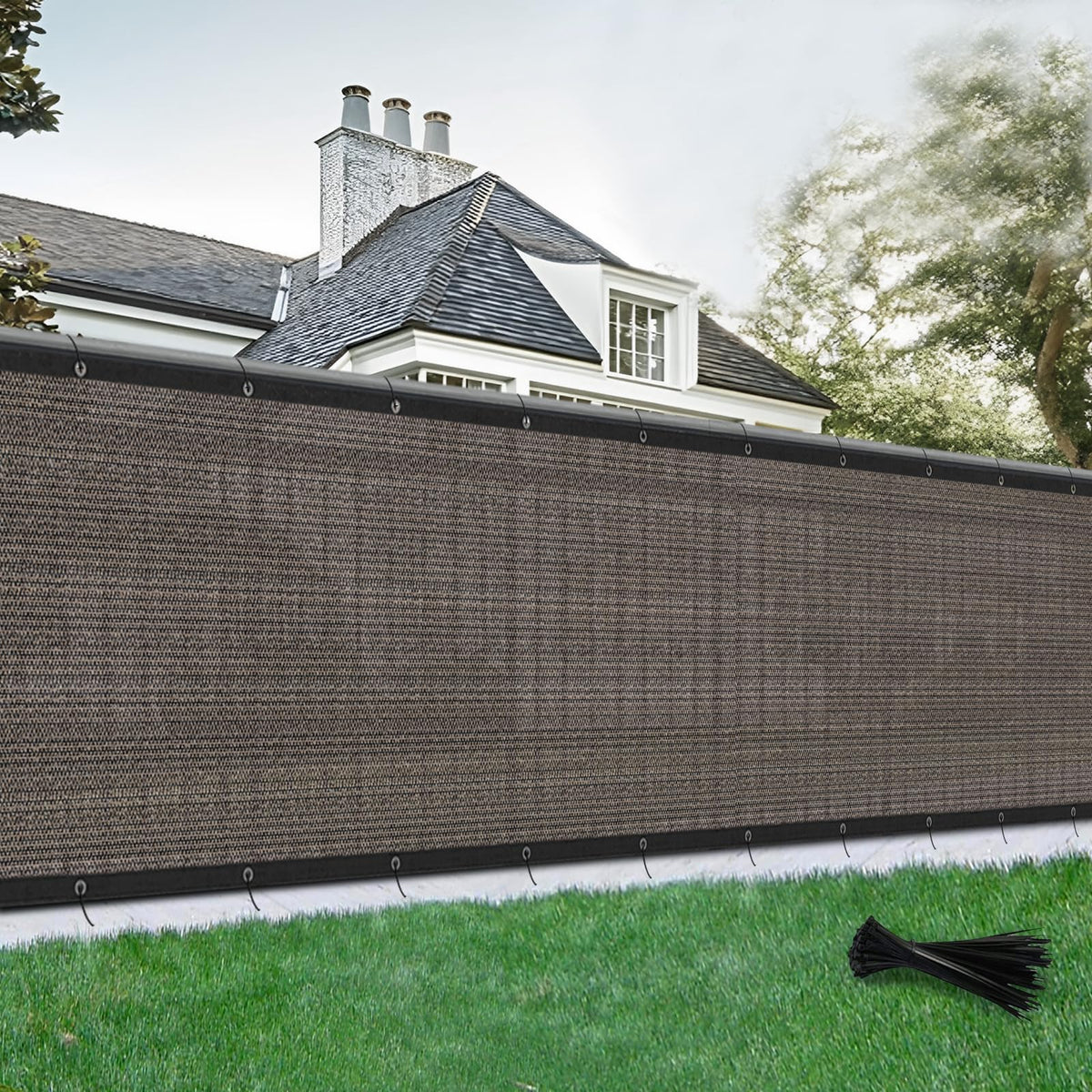 Sunlax Privacy Fence Screen in brown extending a 6ft panel to enhance yard privacy.