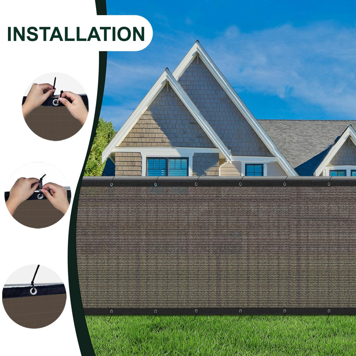 Sunlax fence screen installation with grommets spaced evenly for easy DIY setup.