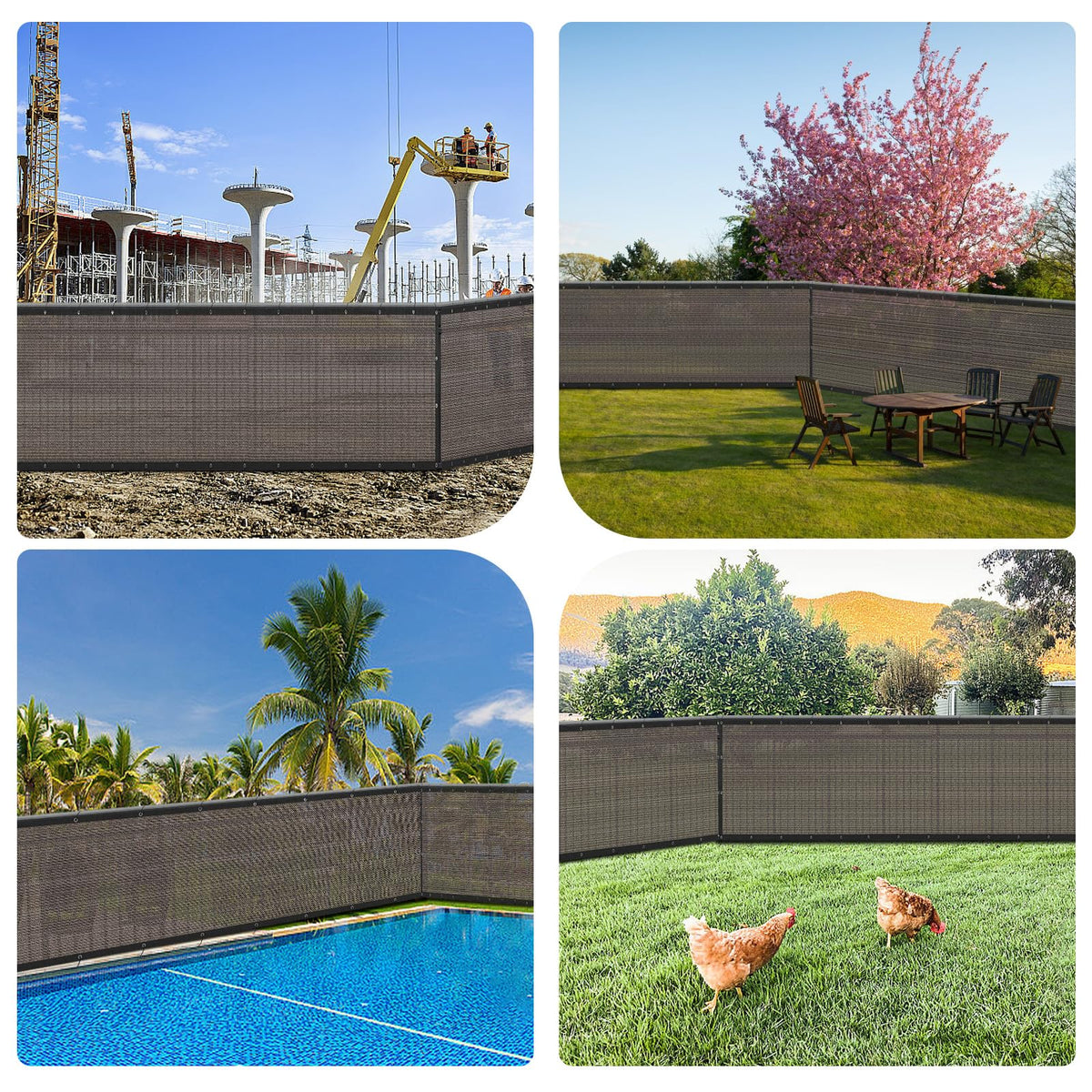 Sunlax brown mesh fence screen reduces visibility into yard while enhancing outdoor comfort.