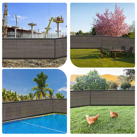 Sunlax brown mesh fence screen reduces visibility into yard while enhancing outdoor comfort.