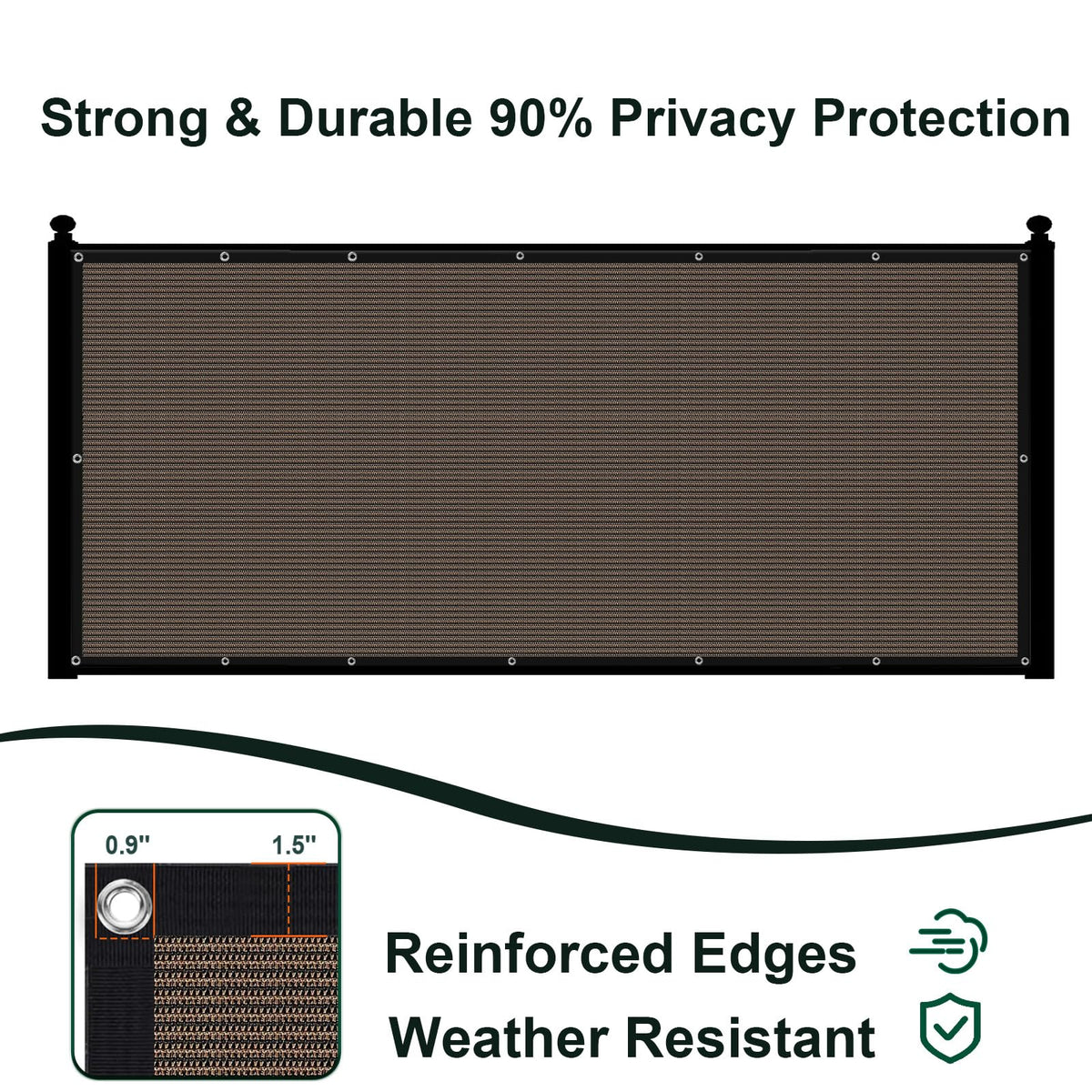 Sunlax privacy fence screen with reinforced grommets and binding for wind resistance.