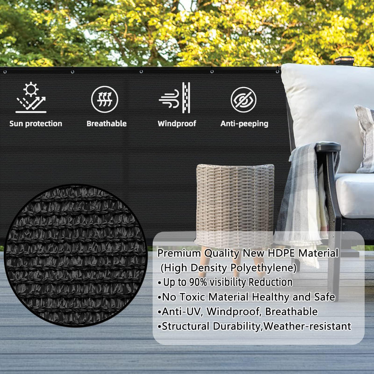 SUNLAX privacy screen showing double-stitched edges for durability