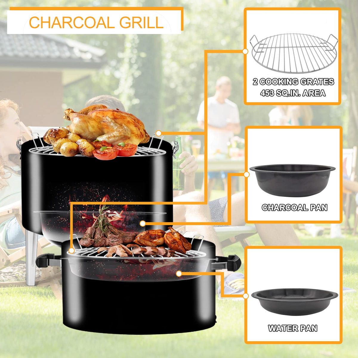SUNLIFER dual access doors allow easy charcoal refueling without heat loss.