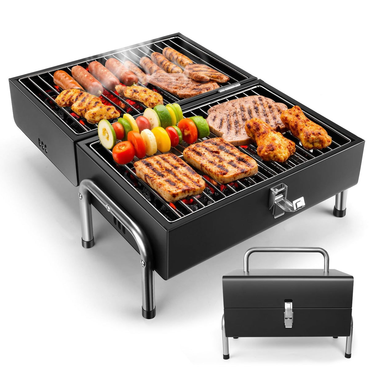 SUNLIFER portable charcoal grill with double-sided cooking surface for versatile meals.