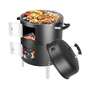 SUNLIFER all-in-one smoker includes thermometer, pans, racks, and protection cover.