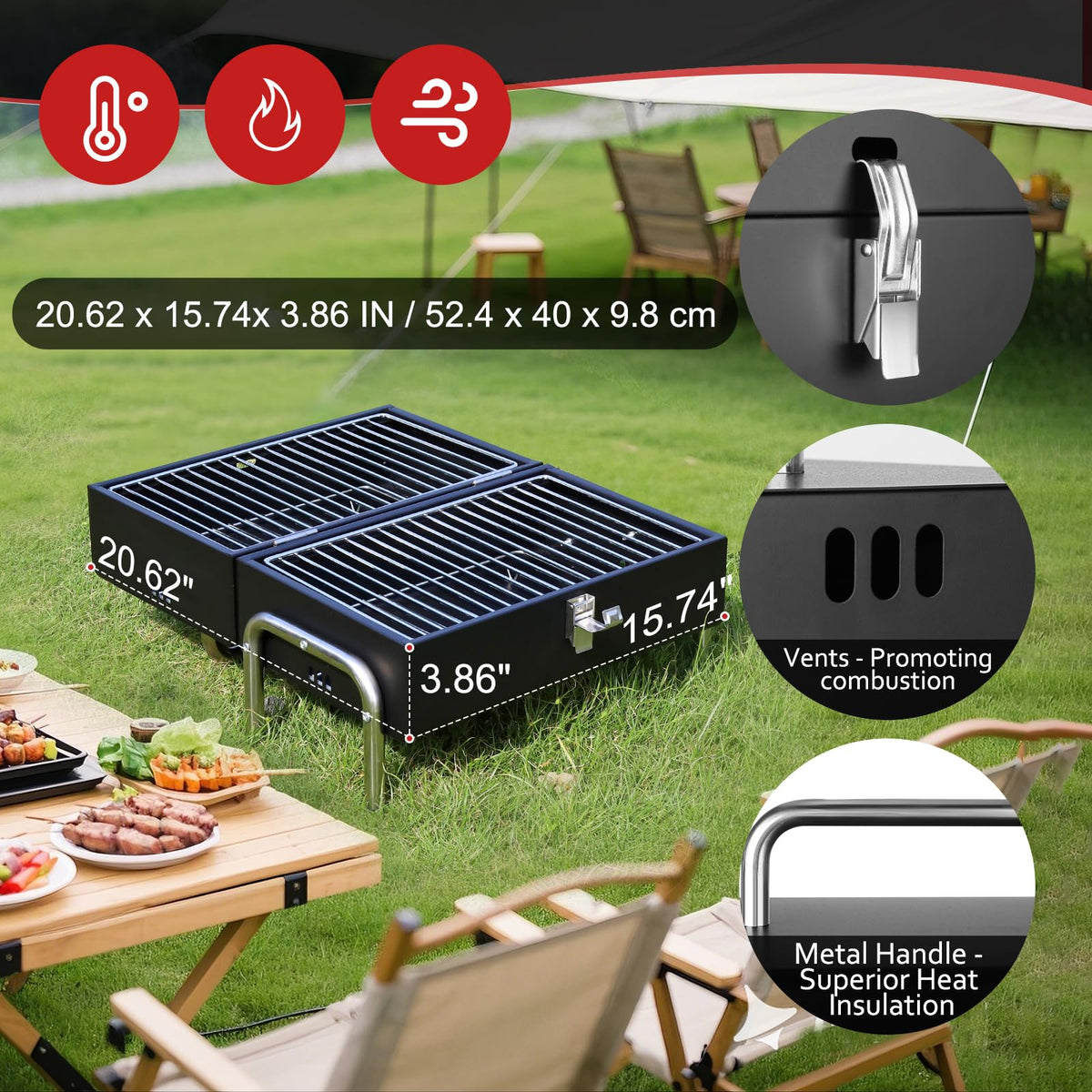 SUNLIFER table-top grill showing 135 sq.in grilling zone and 135 sq.in frying zone.