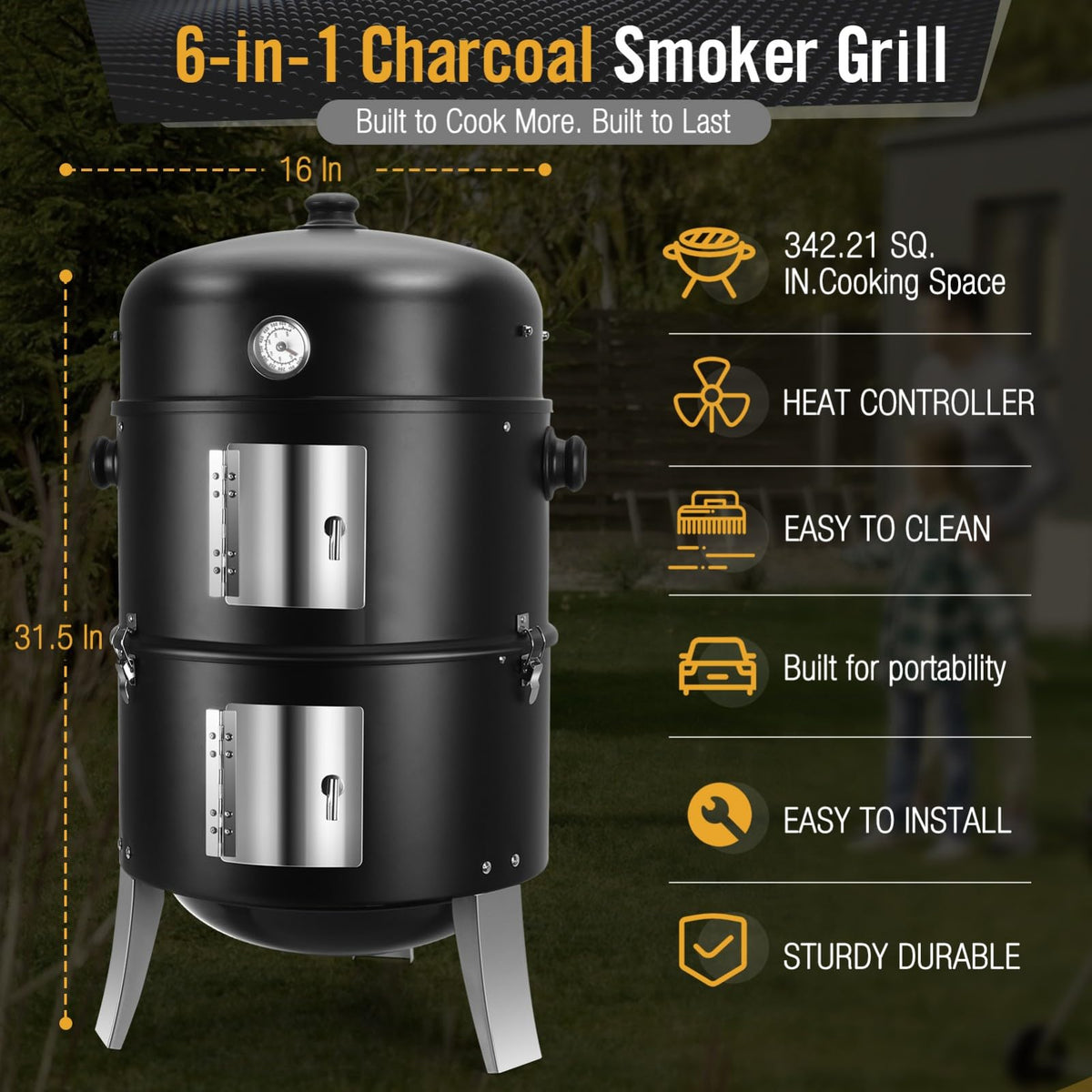 SUNLIFER vertical smoker 4in1 design enables versatile grilling and smoking