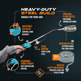 Sunlight Charcoal heavy‑duty propane torch head with ignition for easy starts.
