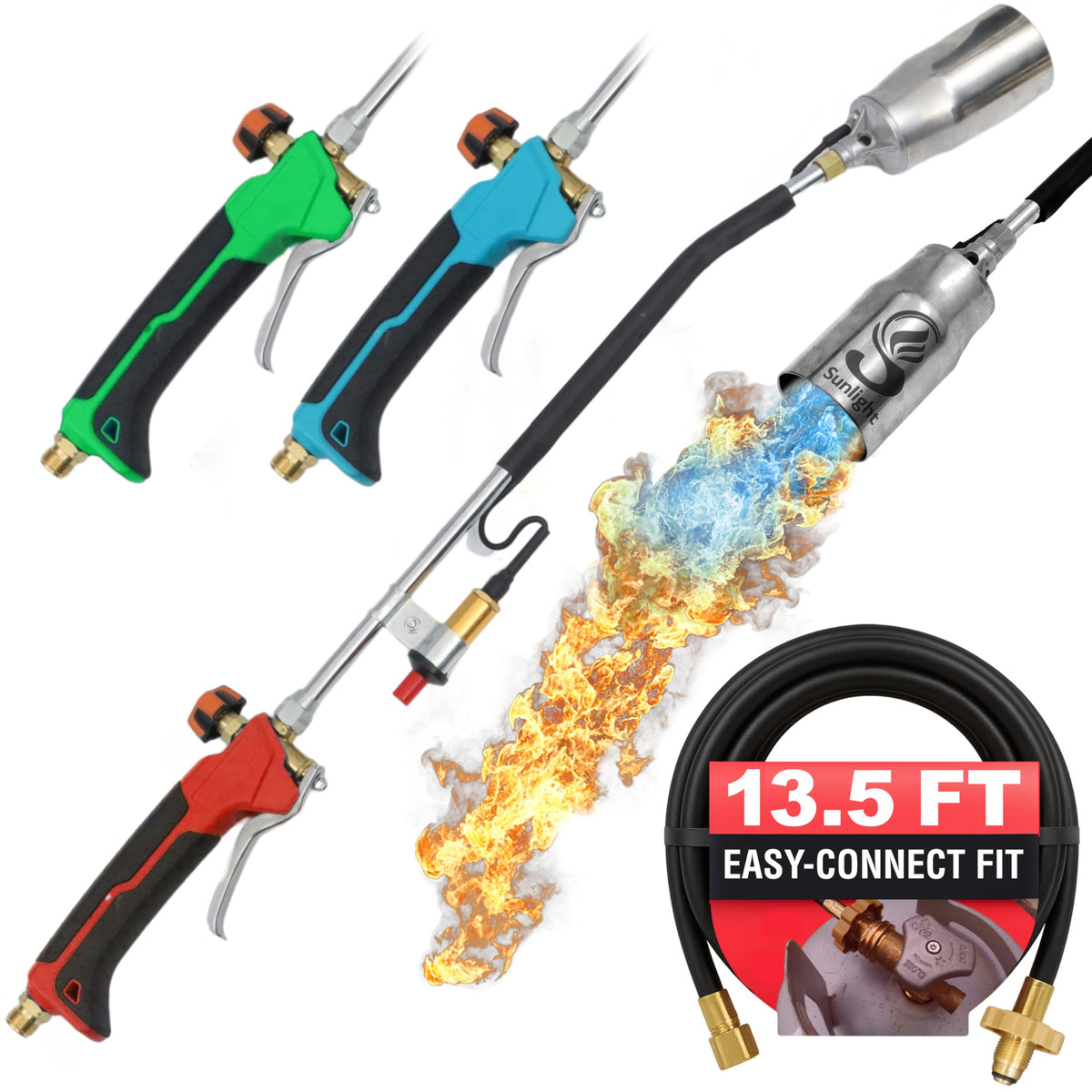 Sunlight Charcoal propane torch weed burner with extended hose for safe outdoor weed control.
