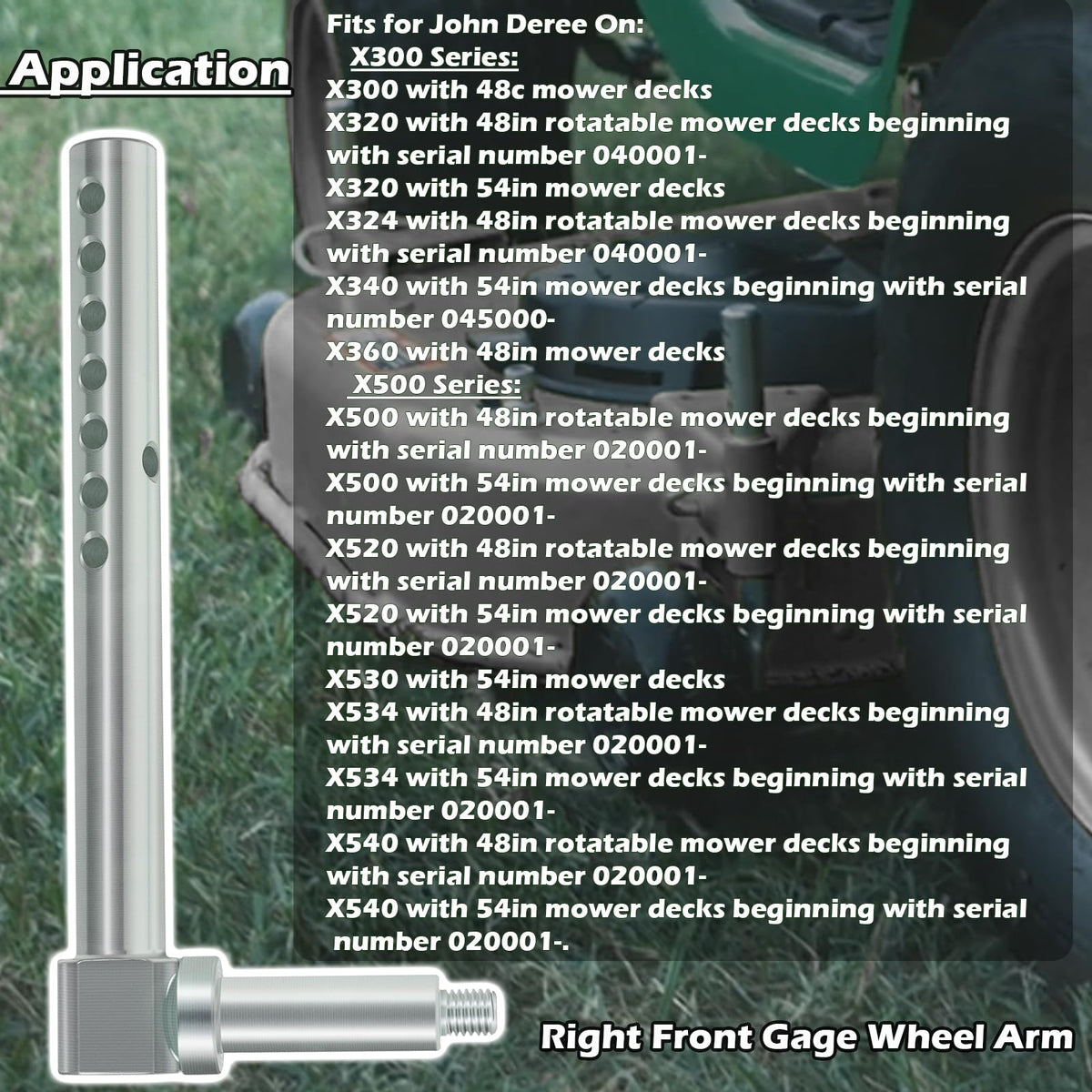 Sunluway AM136327 mower deck gage wheel arm, left-rear view, durable steel construction