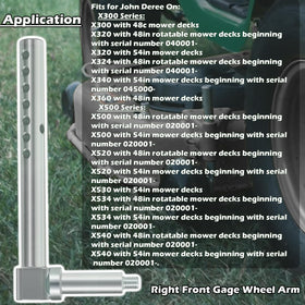 Sunluway AM136327 mower deck gage wheel arm, left-rear view, durable steel construction