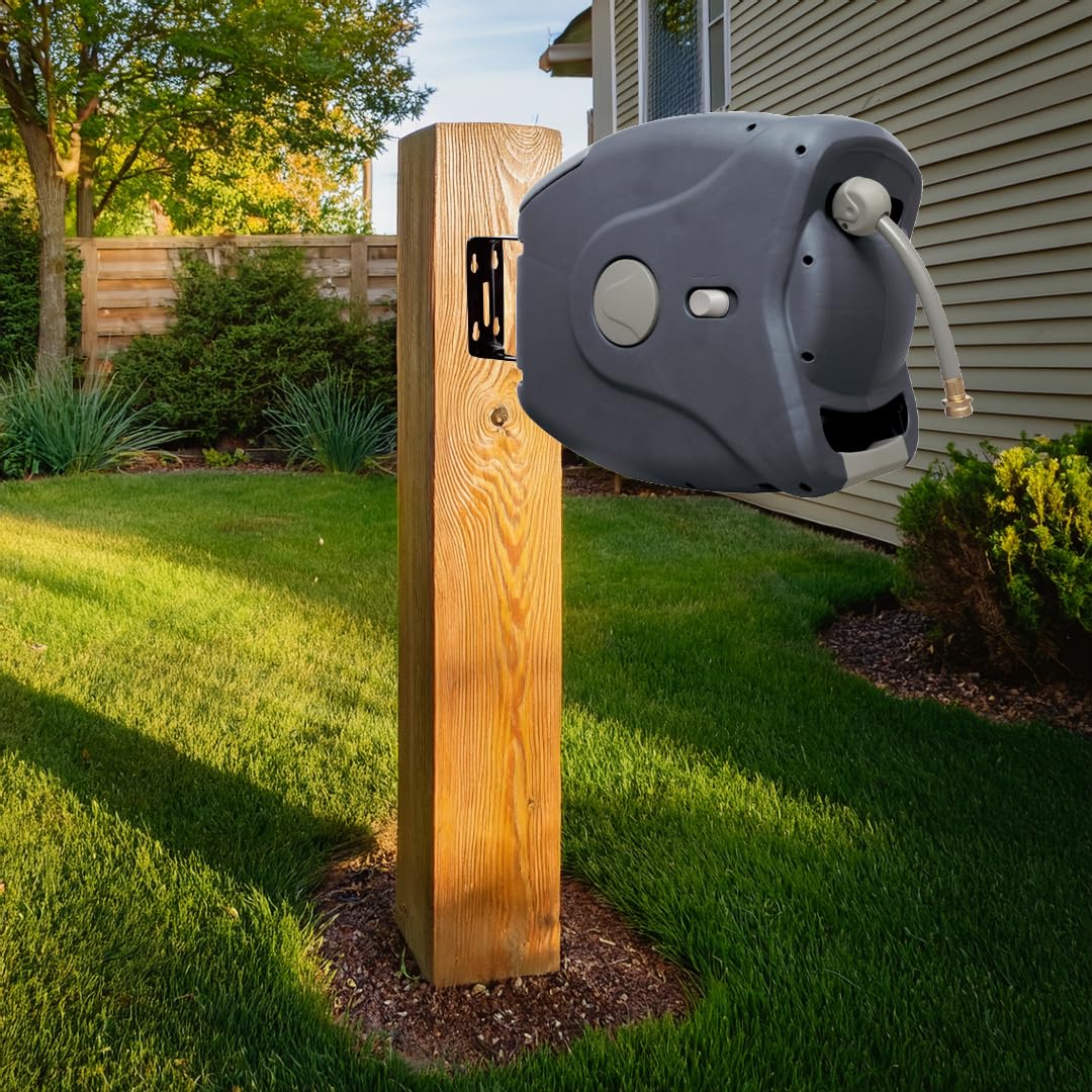 Sunneday charcoal-finish hose reel mounted on outdoor wall.