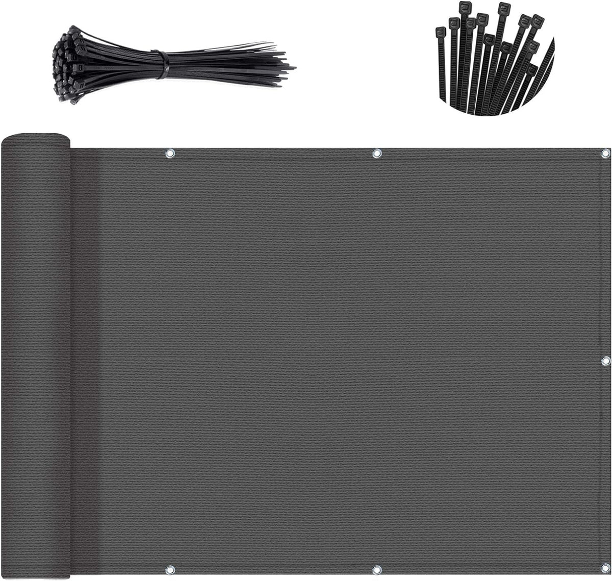 Sunny Guard balcony privacy screen in dark grey, close-up weave blocks glare and dust.